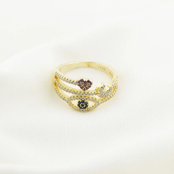 Zirkon Taşlı Gold Kaplama Moon Gümüş Yüzük - Resim 4