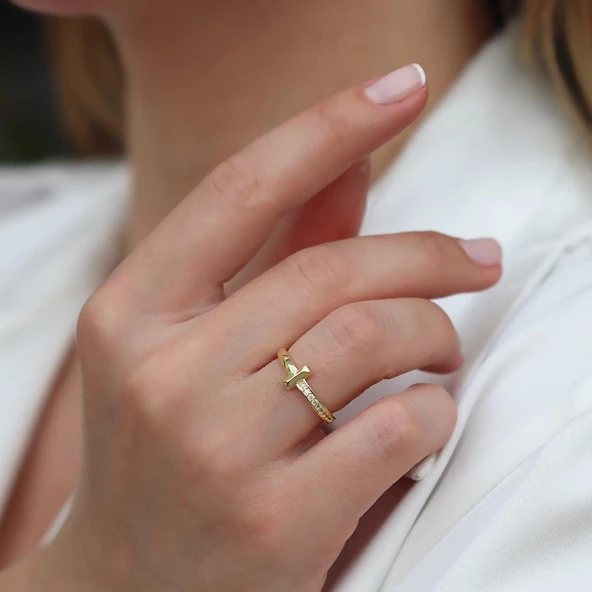 Yarı Taşlı Tffny Gold Kaplama Gümüş Yüzük - Resim 3