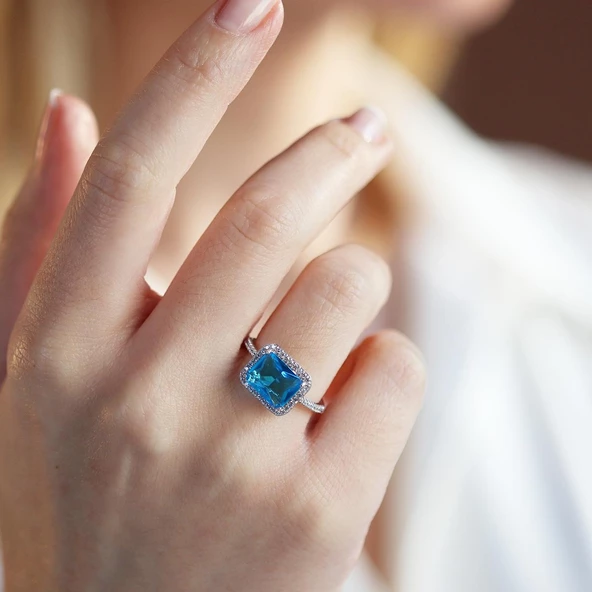 Baget Kesim Aquamarin Taş Gümüş Yüzük ürün görseli 1