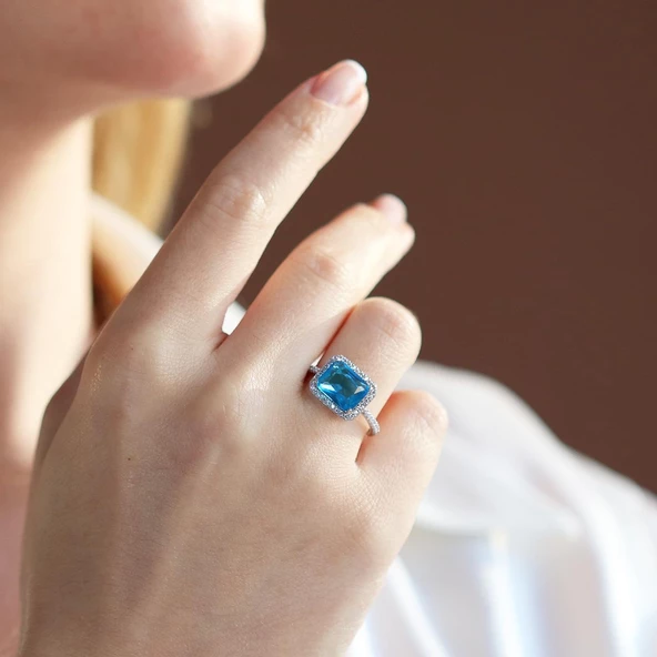 Baget Kesim Aquamarin Taş Gümüş Yüzük - Resim 2
