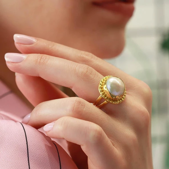 Başak Model Barok Inci Gold Kaplama Gümüş Yüzük - Resim 2