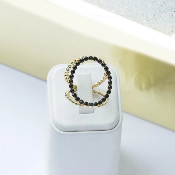 Well 3 Taraflı Gold Kaplama Çok Renkli Gümüş Yüzük - Resim 5