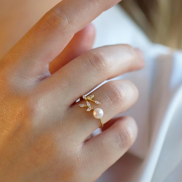 Zirkon Taşlı İnci ve Sarmaşık Minimal 925 Ayar Gümüş Gold Kaplama Yüzük - Resim 3