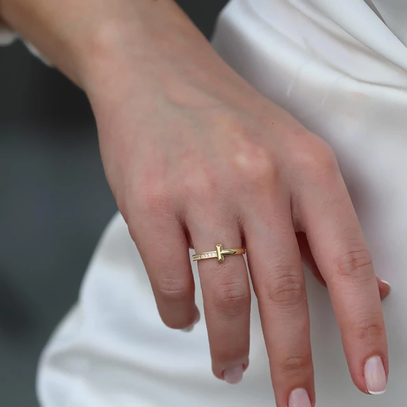 Yarı Taşlı Tffny Gold Kaplama Gümüş Yüzük - Resim 4