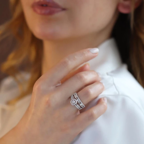 Baget Taşlı Çift Gümüş Yüzük - Resim 5