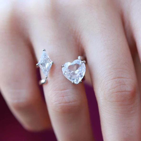 Kalp Karo Ayarlanabilir Gümüş Yüzük - Resim 2