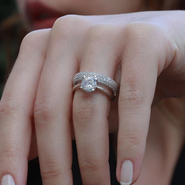 Tek Taş Model Birleşik 3 Sıra Tamtur Gümüş Yüzük - Resim 2