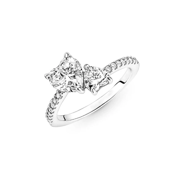 Pndr İki Kalp Zirkon Taşlı Gümüş Yüzük - Resim 4