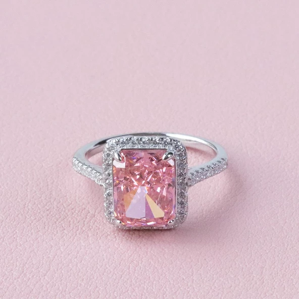 Pembe Taşlı Radiant Kesim Gümüş Yüzük - Resim 2