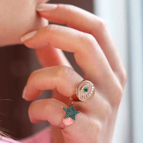 Zirkon Taşlı Göz Ve Yıldız Figürlü İkili Gümüş Yüzük ürün görseli 1