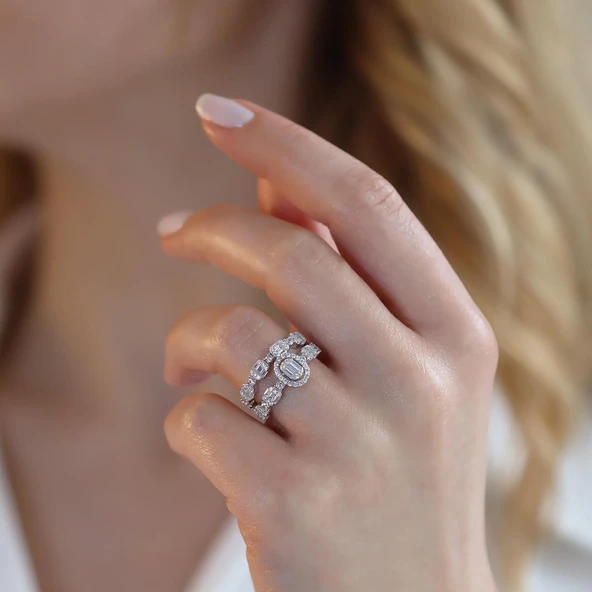 Oval Kesim Baget Taşlı Çift Gümüş Yüzük - Resim 2