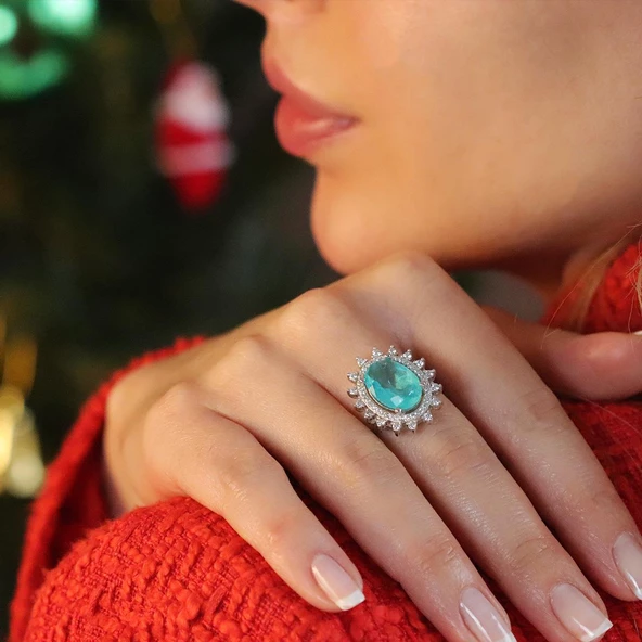 Oval Pırıltılı Paraiba Taşlı Gümüş Yüzük ürün görseli 1