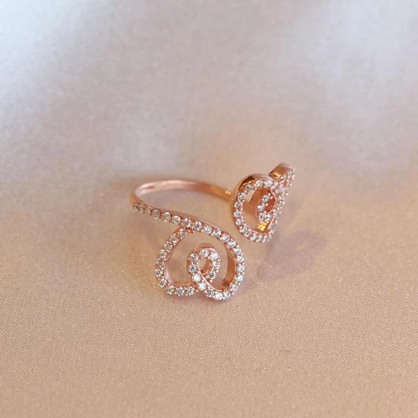 İki Kalpli Rose Gold Kaplama Ayarlanabilir Gümüş Yüzük ürün görseli 1