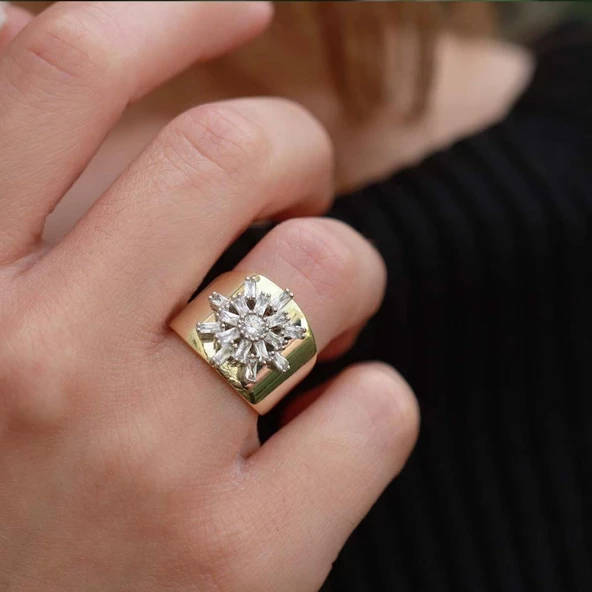 Kutup Yıldızı Zirkon Taşlı Gold Kaplama Ayarlanabilir Gümüş Yüzük ürün görseli 1