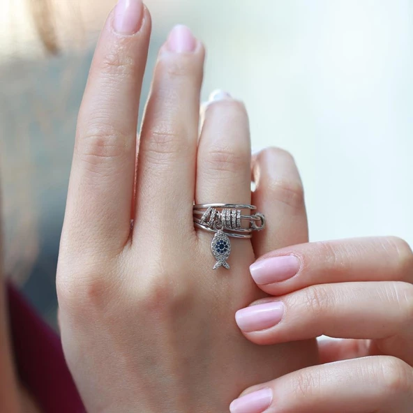 Monaco Hareketli Halkalar Balık Model Zirkon Taşlı Gümüş Yüzük - Resim 4