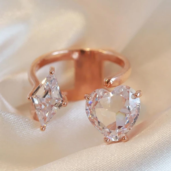 Kalp Karo Rose Gold Kaplama Ayarlanabilir Gümüş Yüzük - Resim 2