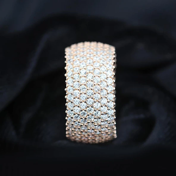 Pırlanta Montür Rose Kaplama 7 Sıra Zirconia Tamtur Gümüş Yüzük ürün görseli 1