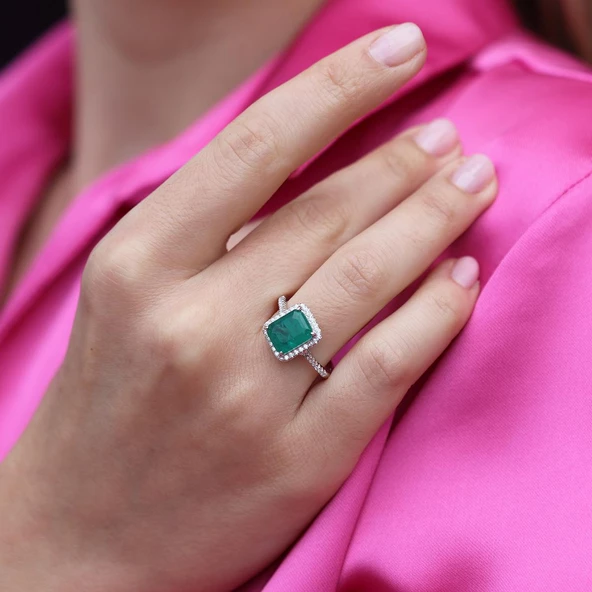 Paraiba Taşlı Radiant Kesim Gümüş Yüzük - Resim 5