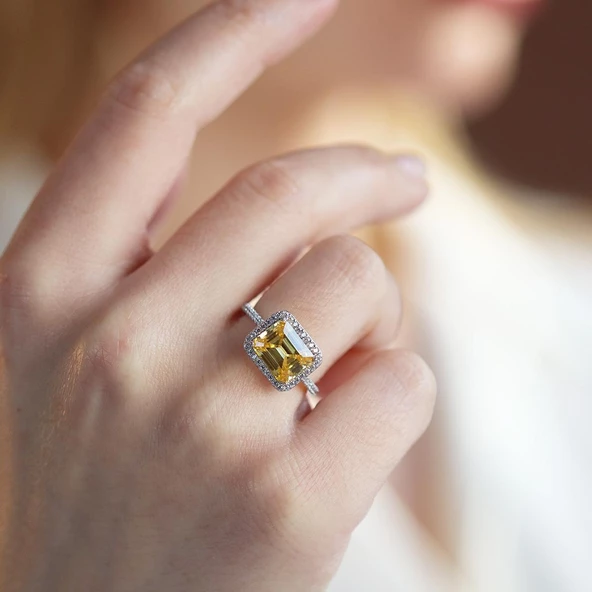 Baget Kesim Sitrin Taş Gümüş Yüzük ürün görseli 1