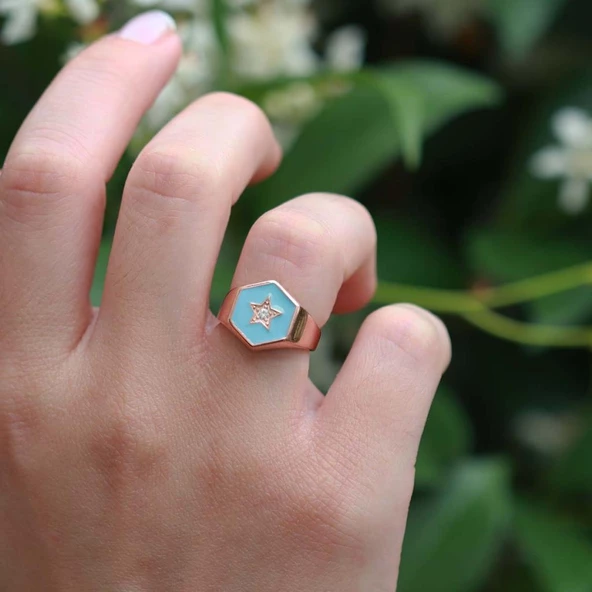 Yıldız Modeli Mavi Mine İşli Rose Gold Kaplama Ayarlanabilir Gümüş Yüzük - Resim 3