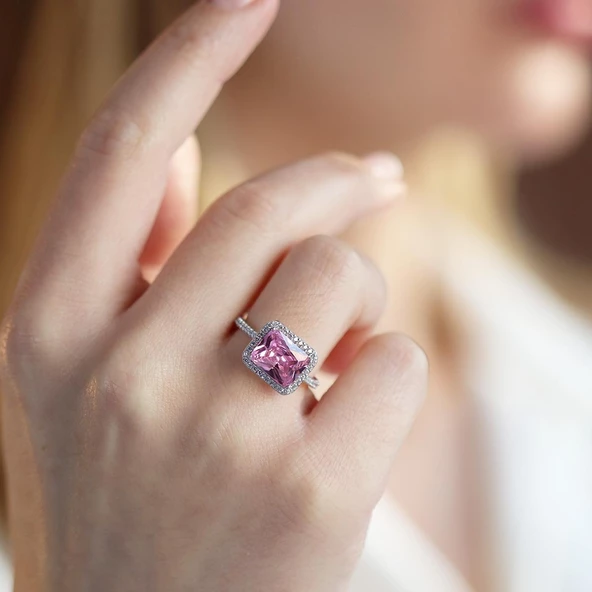 Baget Kesim Pembe Kuvars Taş Gümüş Yüzük ürün görseli 1