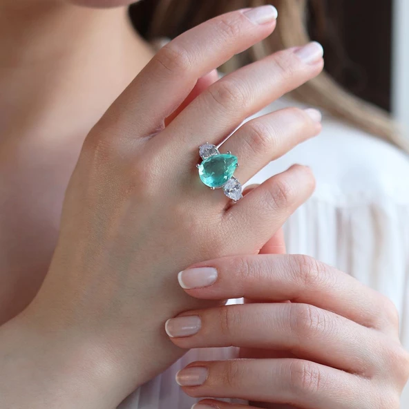 Paraiba Taşlı Damla Modeli Gümüş Yüzük ürün görseli 1