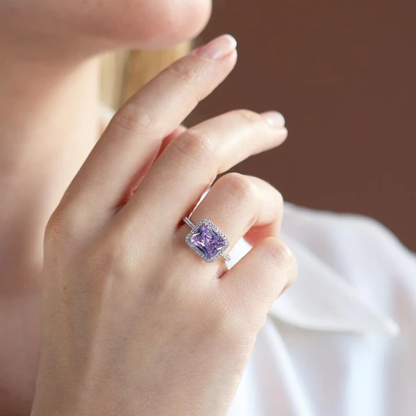 Baget Kesim Ametist Taş Gümüş Yüzük - Resim 2