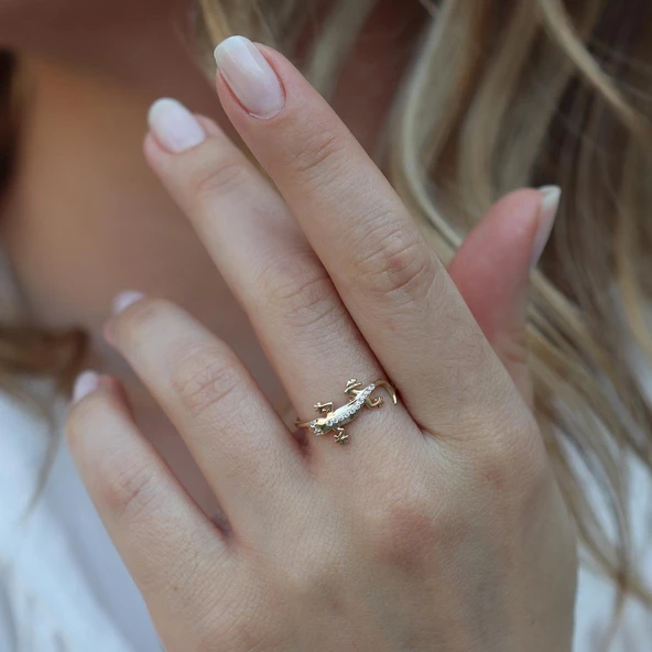 Zirkon Taşlı Gold Kaplama Timsah  Gümüş Yüzük ürün görseli 1