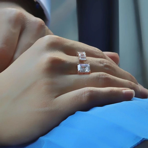 Baget Tek Taş ve Beş Taş Rose Kaplama Ayarlanabilir Gümüş Yüzük - Resim 2