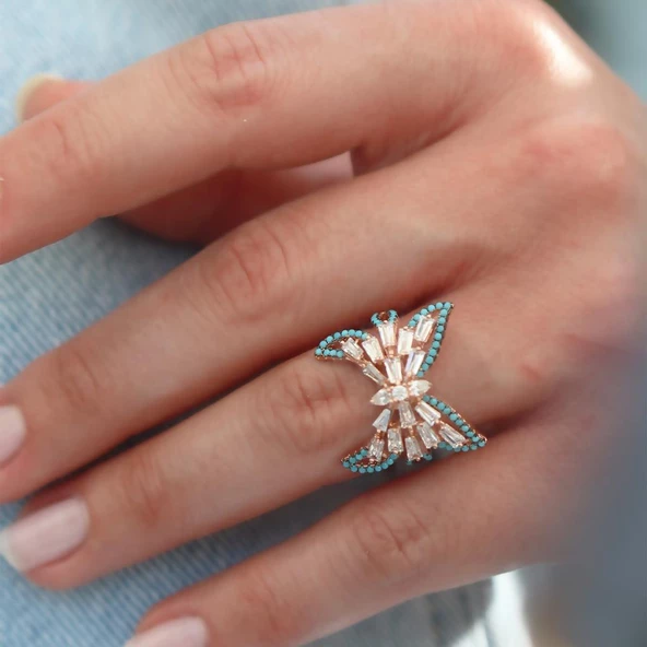 Kelebek Turkuaz Baget Taşlı Rose Gold Kaplama Gümüş Yüzük - Resim 2