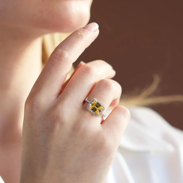 Baget Kesim Sitrin Taş Gümüş Yüzük - Resim 2