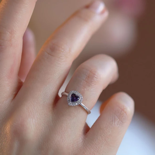 Kalp Pndr Ametist Taşlı 925 Ayar Gümüş Yüzük - Resim 3