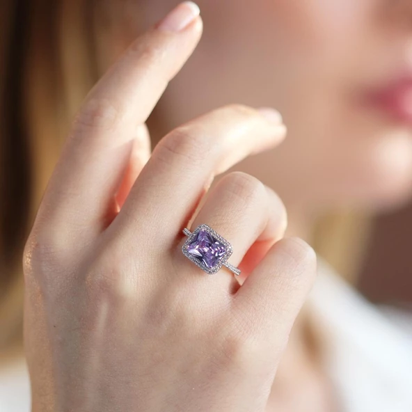 Baget Kesim Ametist Taş Gümüş Yüzük ürün görseli 1