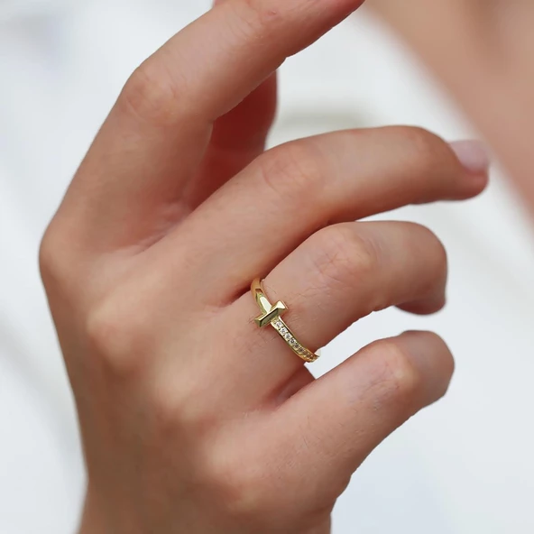 Yarı Taşlı Tffny Gold Kaplama Gümüş Yüzük ürün görseli 1