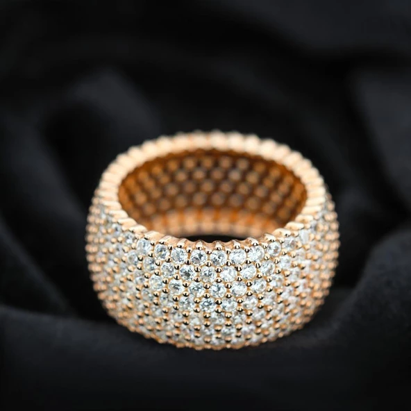 Pırlanta Montür Rose Kaplama 7 Sıra Zirconia Tamtur Gümüş Yüzük - Resim 2