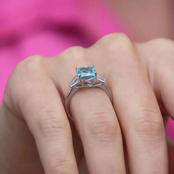 Prenses Kesim Aquamarine Taşlı Gümüş Yüzük - Resim 3