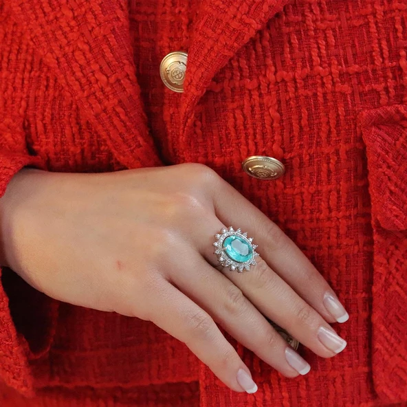 Oval Pırıltılı Paraiba Taşlı Gümüş Yüzük - Resim 3