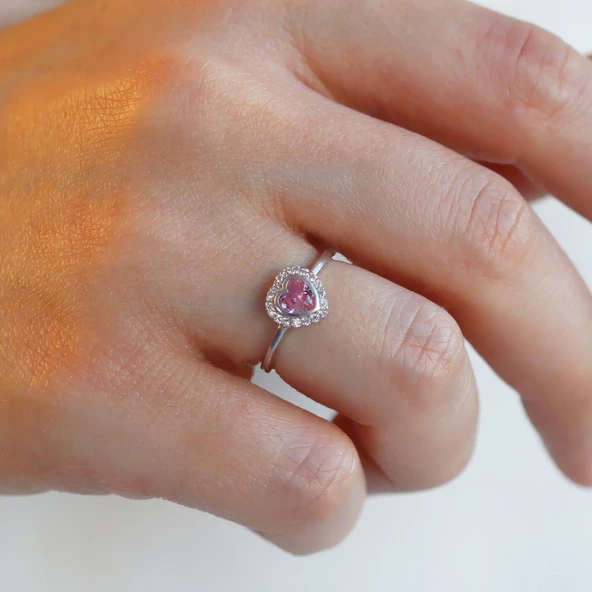 Kalp Pndr Pembe Taşlı 925 Ayar Gümüş Yüzük - Resim 2