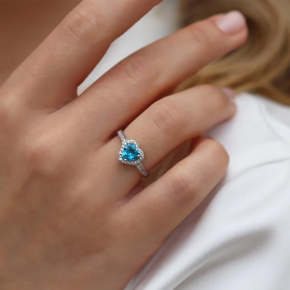 Kalp Pndr Model Aquamarin Taşlı Gümüş Yüzük ürün görseli 1