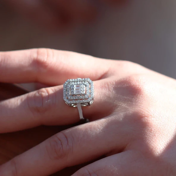 Baget Taşlı 3 Boyutlu Gümüş Yüzük - Resim 3