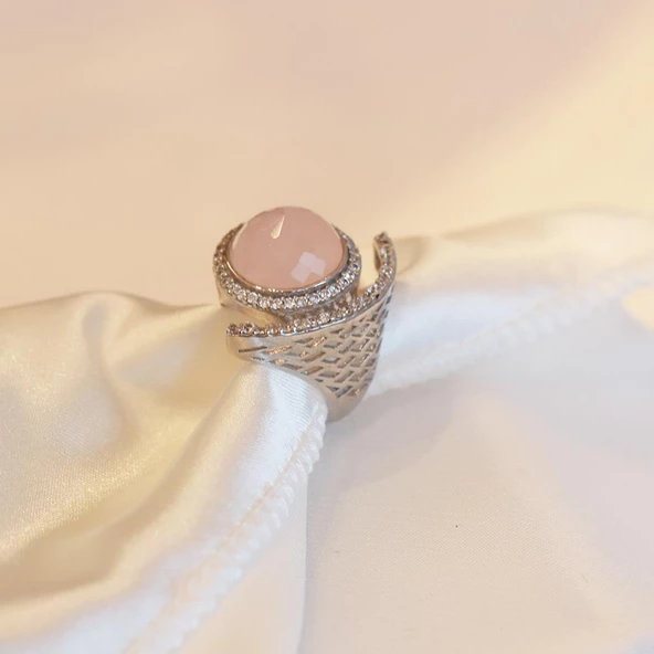 Pembe Kuvars Taşlı Hilal Model Ayarlanabilir Gümüş Yüzük ürün görseli 1