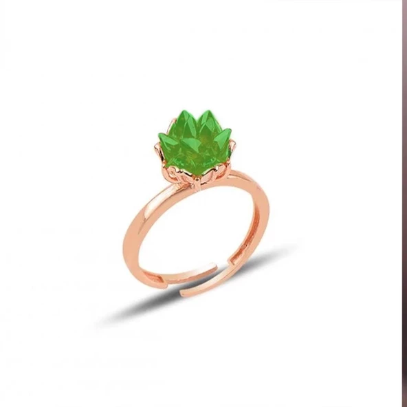 Ayarlanabilir Yeşil Taşlı Lotus Çiçeği 925 Ayar Gümüş Yüzük - Resim 2