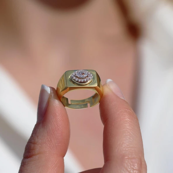 Taşlı Gold Kaplama Gümüş Göz Yüzük - Resim 3