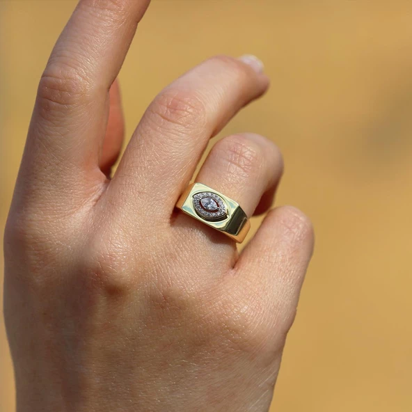 Taşlı Gold Kaplama Gümüş Göz Yüzük - Resim 5