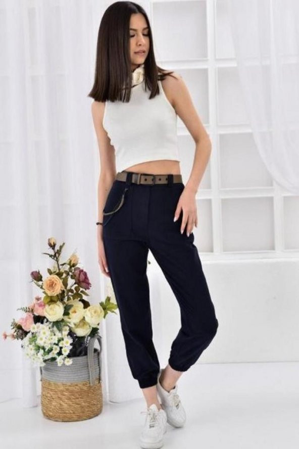 Kemerli ve Önden Cepli Paça Lastikli Lacivert Kadın Kargo Pantolon - 2