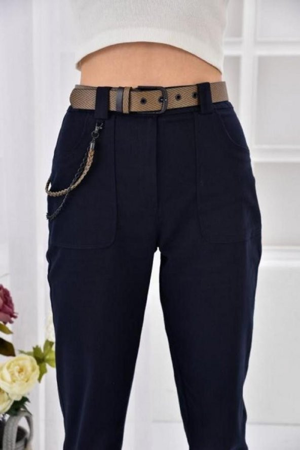 Kemerli ve Önden Cepli Paça Lastikli Lacivert Kadın Kargo Pantolon - 4