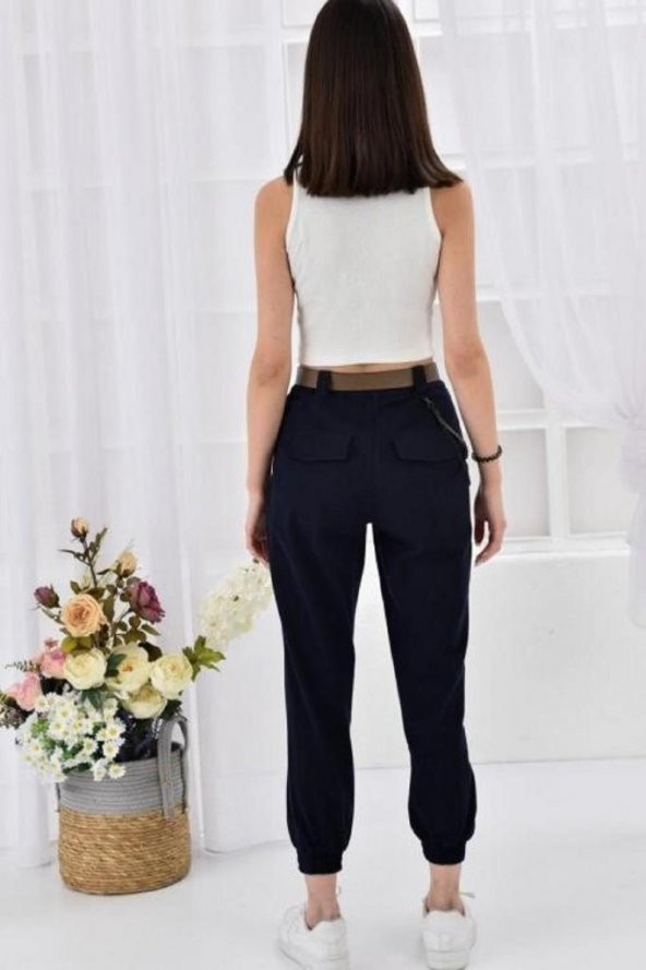 Kemerli ve Önden Cepli Paça Lastikli Lacivert Kadın Kargo Pantolon - 5