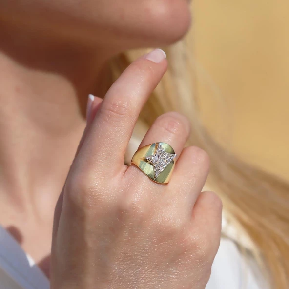 Half Star Gold Kaplama Gümüş Yüzük - Resim 3