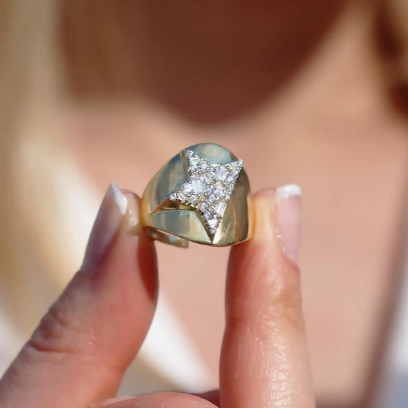 Half Star Gold Kaplama Gümüş Yüzük - Resim 2