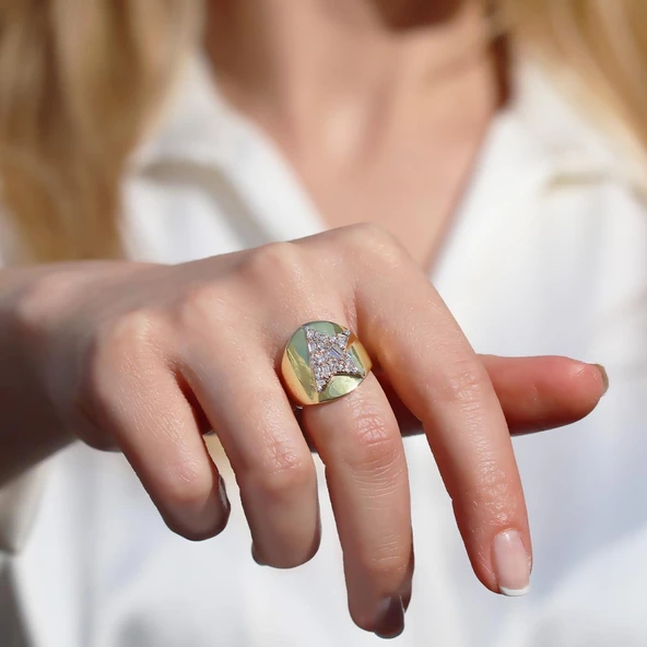 Half Star Gold Kaplama Gümüş Yüzük ürün görseli 1